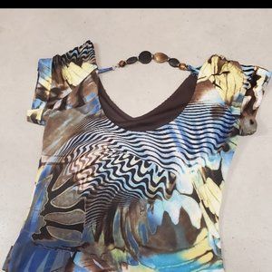 Abstract Print Blue & Yellow Women's Short Sleeve Top